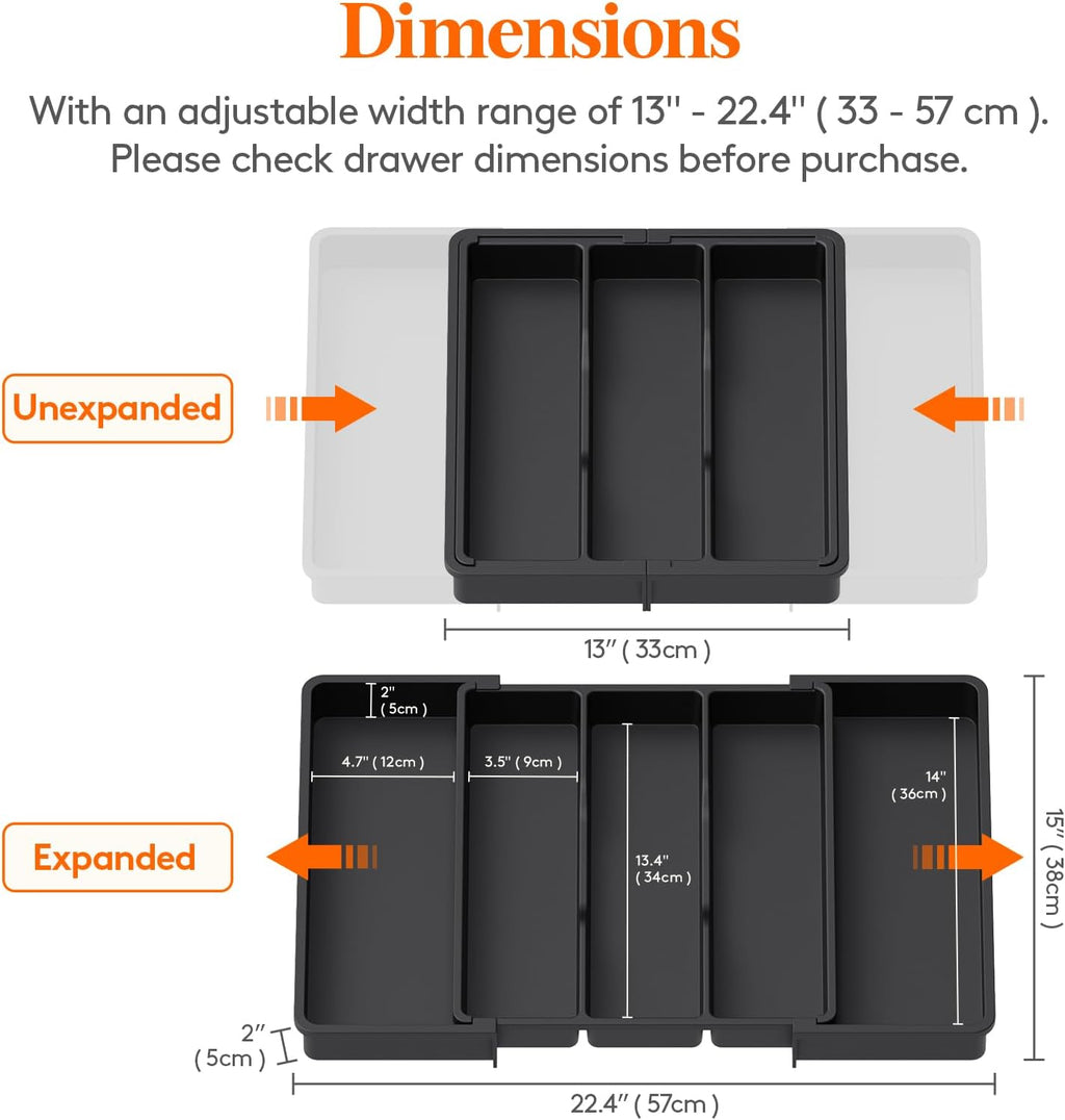 Cutlery Tray for Drawers, Large Kitchen Utensil Holder, Expandable to 57cm, Depth 38cm, Drawer Organizer, Plastic Cutlery Holder for Knives/Forks, Black
