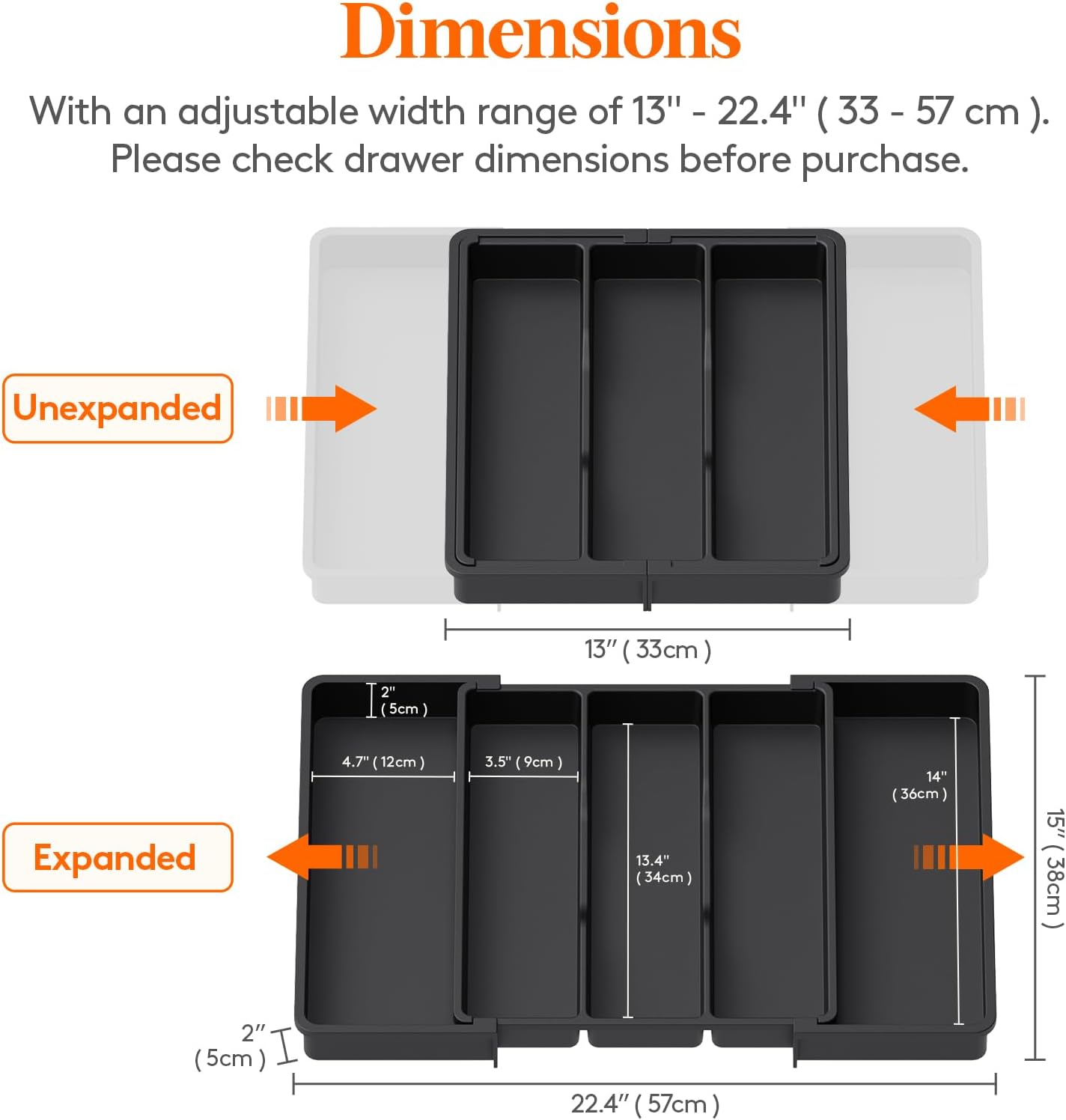 Cutlery Tray for Drawers, Large Kitchen Utensil Holder, Expandable to 57cm, Depth 38cm, Drawer Organizer, Plastic Cutlery Holder for Knives/Forks, Black
