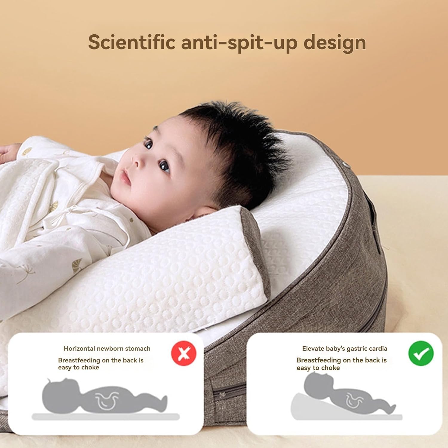 Beauenty Baby Lounger, Baby Sleeping Nest, Anti-Reflux Pillow, 0-30° Height Adjustable Travel Crib, Relieves Vomiting Milk, Washable,Breathable Fabric,Travel Crib for Newborns & Infants (Brown) (A)