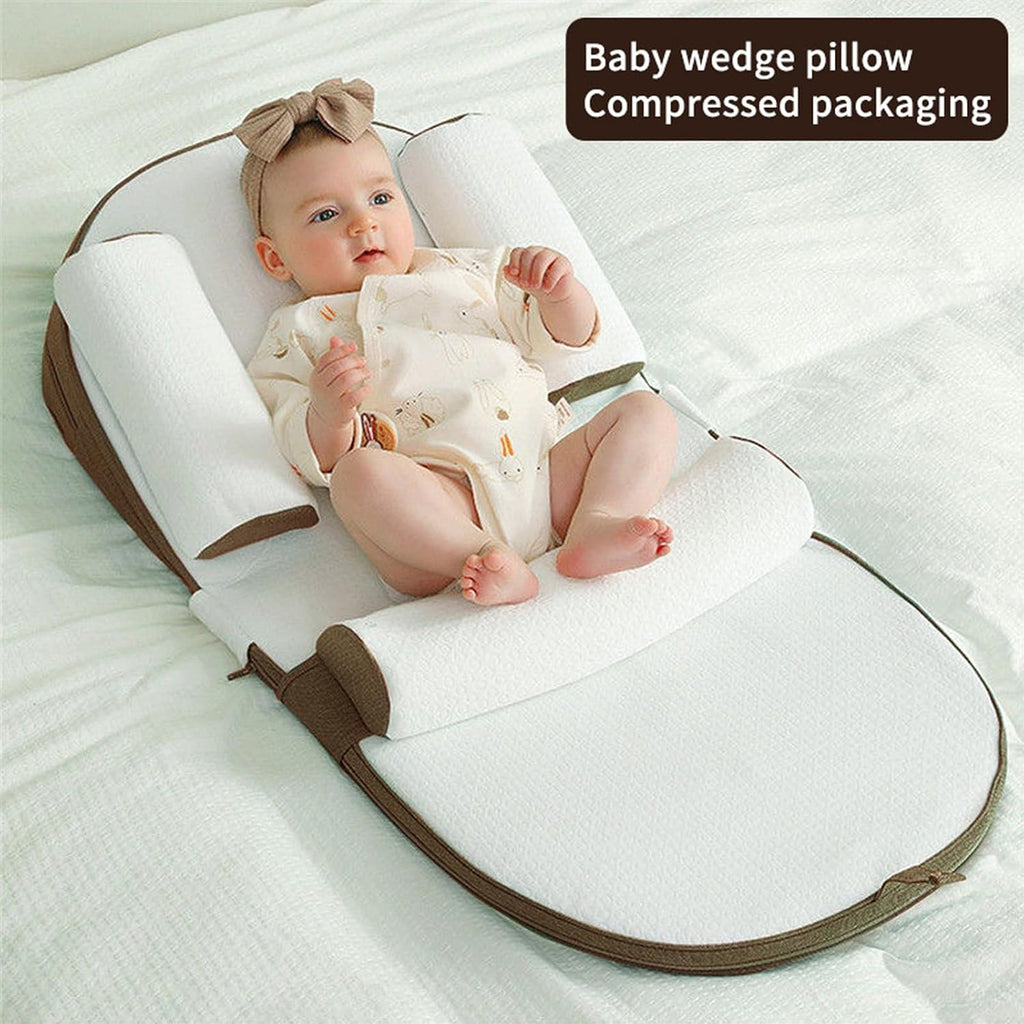 Beauenty Baby Lounger, Baby Sleeping Nest, Anti-Reflux Pillow, 0-30° Height Adjustable Travel Crib, Relieves Vomiting Milk, Washable,Breathable Fabric,Travel Crib for Newborns & Infants (Brown) (A)
