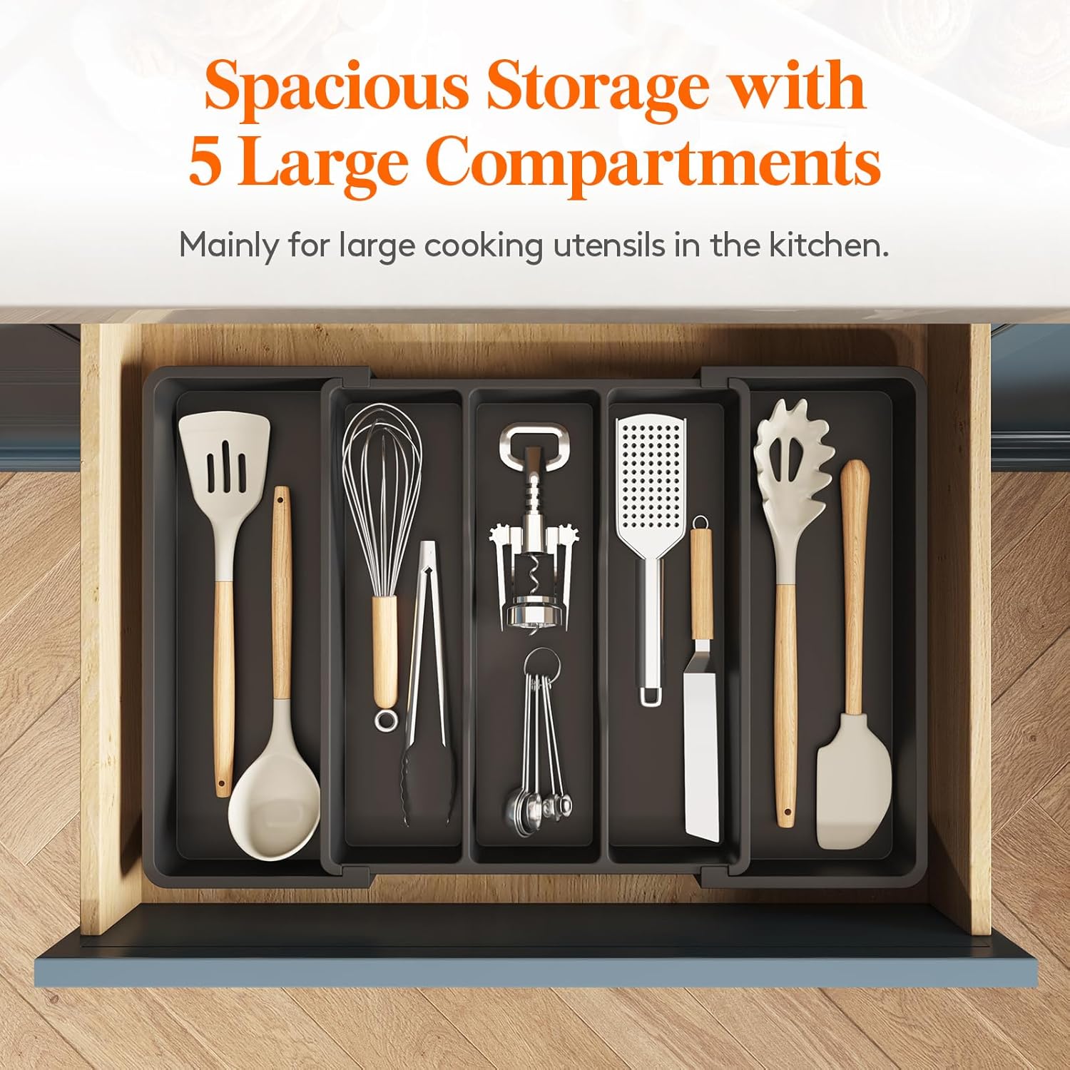 Cutlery Tray for Drawers, Large Kitchen Utensil Holder, Expandable to 57cm, Depth 38cm, Drawer Organizer, Plastic Cutlery Holder for Knives/Forks, Black