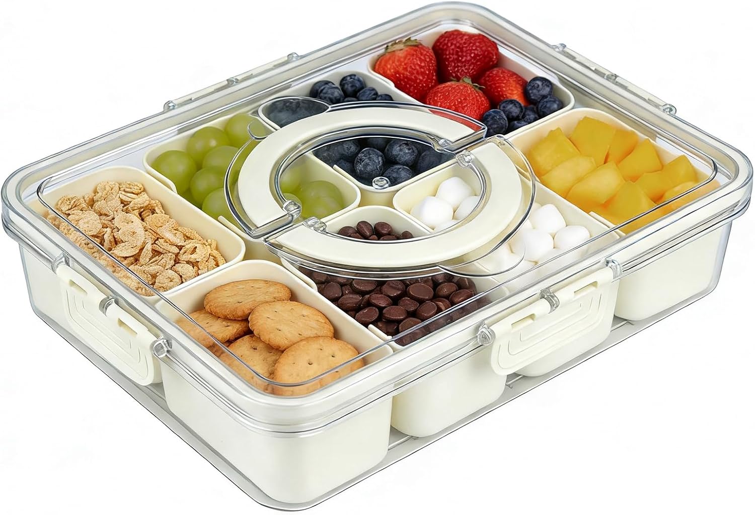 Divided Serving Tray with Lid and Handle, Snack Tray with Lid, Veggie Tray Fruit Tray, Snackle Box Charcuterie Container, Plastic Food Storage Organizer for Snack, Fruits, Veggie, Candy, Nut, Picnic