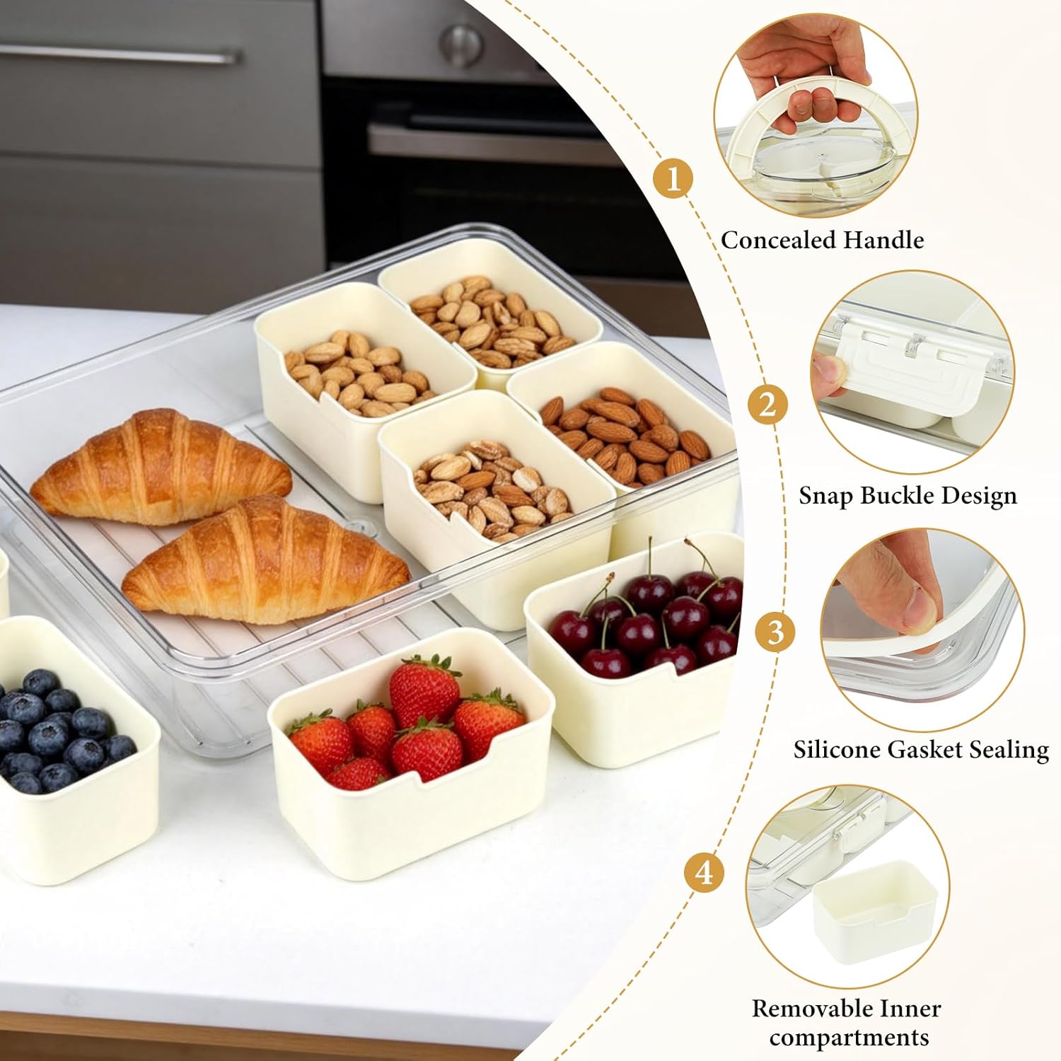 Divided Serving Tray with Lid and Handle, Snack Tray with Lid, Veggie Tray Fruit Tray, Snackle Box Charcuterie Container, Plastic Food Storage Organizer for Snack, Fruits, Veggie, Candy, Nut, Picnic