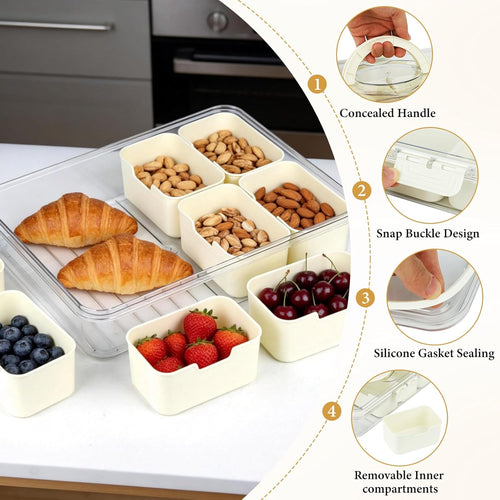 Divided Serving Tray with Lid and Handle, Snack Tray with Lid, Veggie Tray Fruit Tray, Snackle Box Charcuterie Container, Plastic Food Storage Organizer for Snack, Fruits, Veggie, Candy, Nut, Picnic