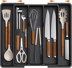 Cutlery Tray for Drawers, Large Kitchen Utensil Holder, Expandable to 57cm, Depth 38cm, Drawer Organizer, Plastic Cutlery Holder for Knives/Forks, Black