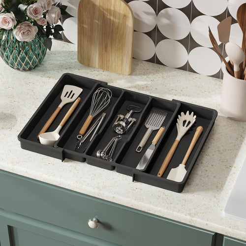 Cutlery Tray for Drawers, Large Kitchen Utensil Holder, Expandable to 57cm, Depth 38cm, Drawer Organizer, Plastic Cutlery Holder for Knives/Forks, Black