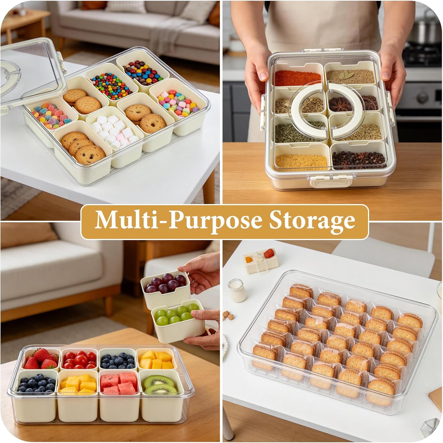 Divided Serving Tray with Lid and Handle, Snack Tray with Lid, Veggie Tray Fruit Tray, Snackle Box Charcuterie Container, Plastic Food Storage Organizer for Snack, Fruits, Veggie, Candy, Nut, Picnic